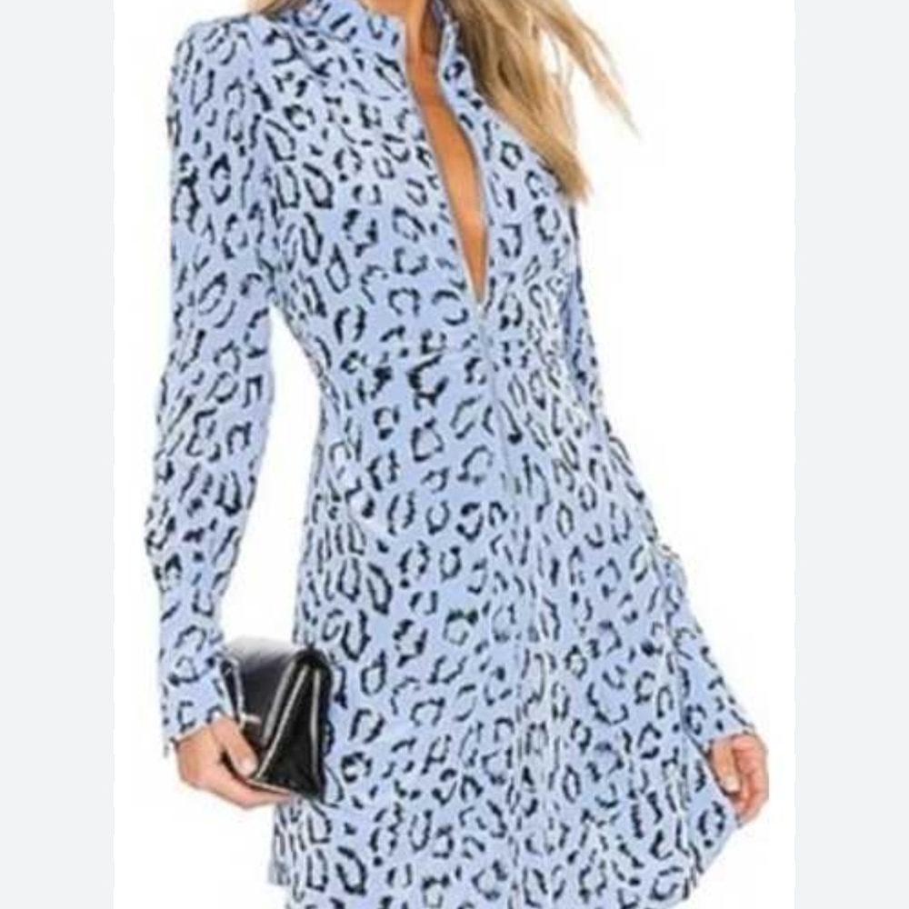 A.L.C. Light Blue Animal Print Long Sleeve Dress 100% Silk Size 8 (S1)